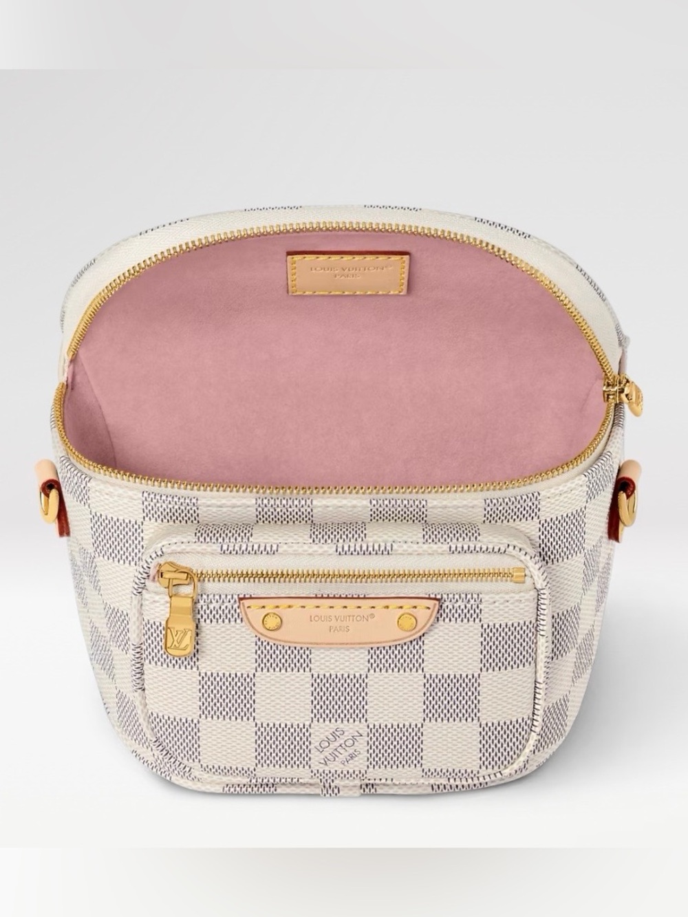 LOUIS VUITTON MINI BUM BAG
IN DAMIER AZURE WITH PINK INTERIOR GOLD  HARDWARE